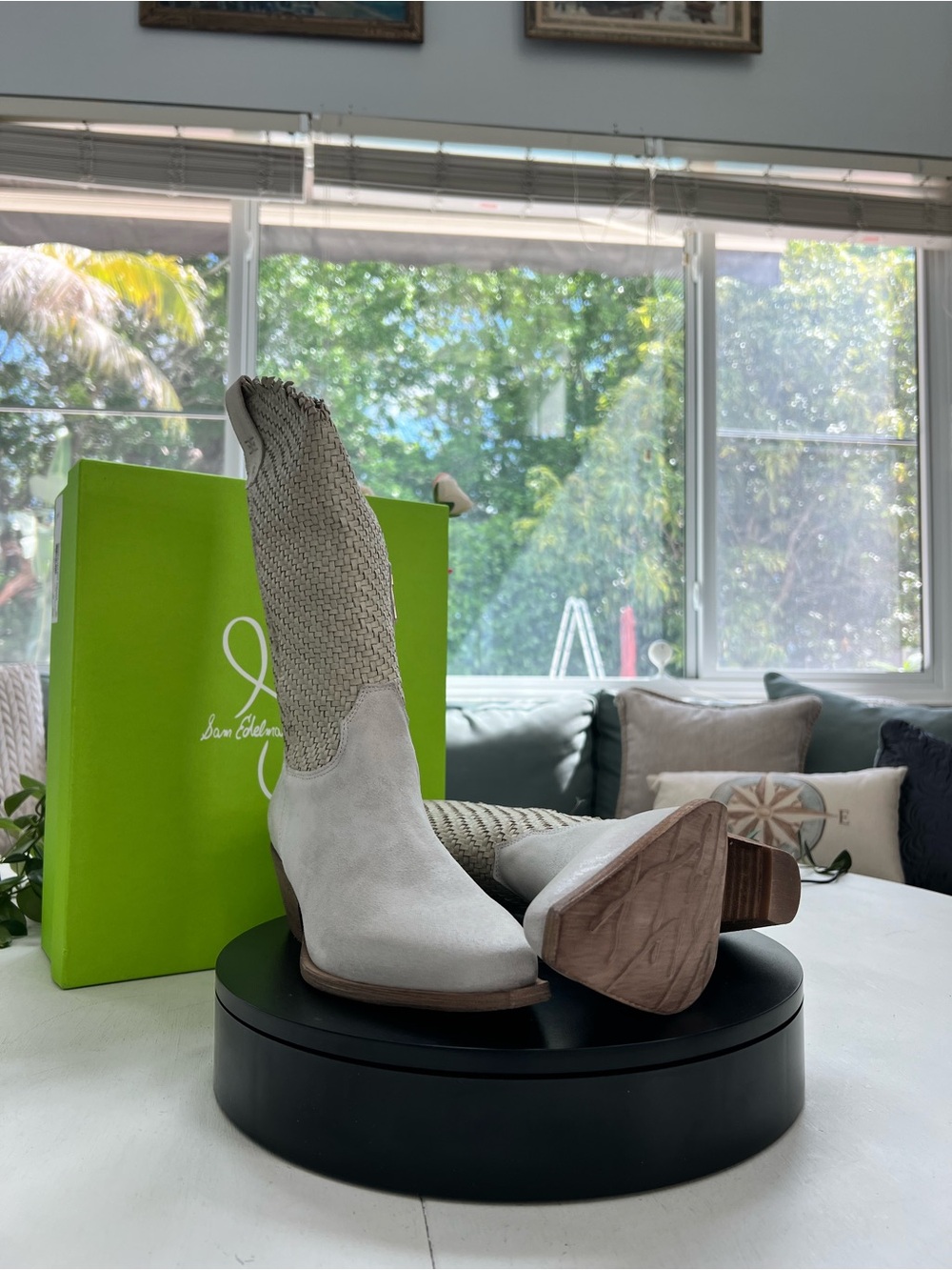 Sam Edelman Cream Woven Mid-Calf Heeled Boots - Picture 5 of 7